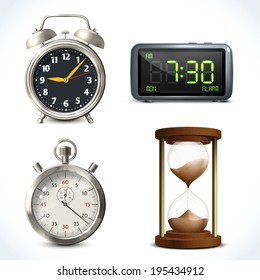 Realistic clock set of  retro stopwatch digital sand watch isolated vector illustration