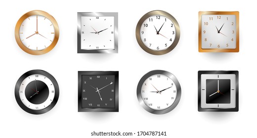 Realistic clock. Square and round metal and plastic office clocks. Vector wall watches with hour and minute arrows for business office on white background.