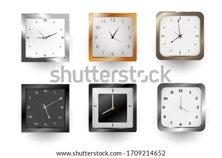 Realistic clock. Square and round metal and plastic office clocks. 