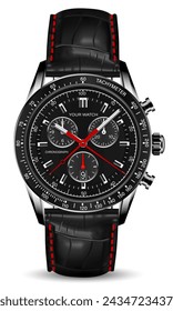 Realistic clock watch chronograph black face leather red arrow white number on isolated background design for men luxury vector illustration.