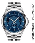 Realistic clock watch chronograph blue  silver steel luxury for men on white background vector illustration.