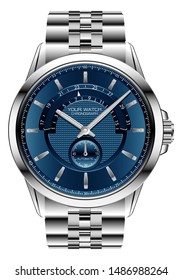 Realistic clock watch chronograph blue  silver steel luxury for men on white background vector illustration.