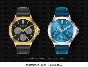 Realistic Clock Watch Chronograph Gold Black And Silver Blue Collection Luxury On Black Circle Mesh Background Vector Illustration.