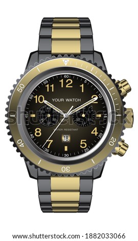 Realistic clock watch chronograph gold black design for men luxury on white background vector illustration.