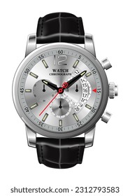 Realistic clock watch chronograph silver leather strap black on transparent.