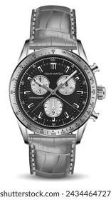 Realistic clock watch chronograph silver black face grey leather arrow white black number on isolated background design for men luxury vector illustration.