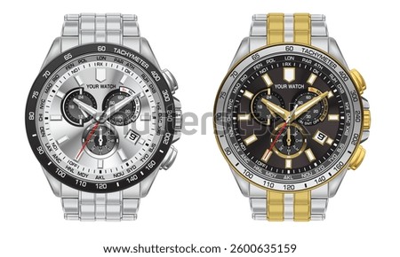 Realistic clock watch chronograph silver black gold luxury collection for men business on white background vector illustration.