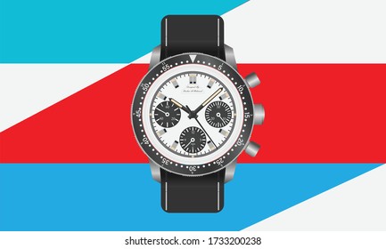Reloj realista reloj cronógrafo de lujo de acero gris blanco para los hombres sobre ilustración vectorial de fondo blanco y de color. Se puede editar con proyectos de movimiento de ilustrador o de efectos posteriores