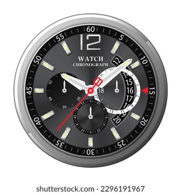 Reloj de reloj realista de cara cronógrafo plata oscura en vector de fondo blanco