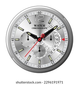 Realistic clock watch face chronograph silver on white background vector