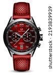Realistic clock watch sport chronograph black silver red steel leather strap for men luxury on white background object vector illustration.