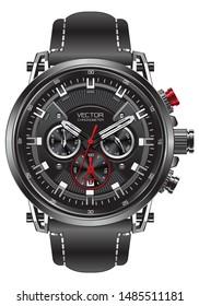 Realistic clock watch sport chronograph black silver red steel for men luxury on white background object vector illustration.