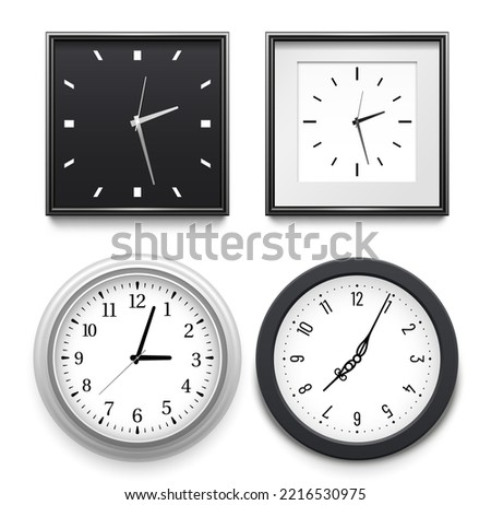 Realistic clocks hanging on wall. Round and square classical clocks in black and silver frames. Dial with digits and without for home and office interior isolated vector set, objects showing time