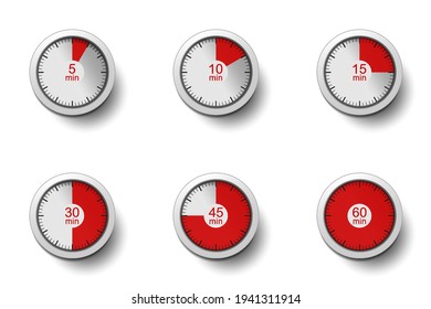 Realistic clocks with time intervals (5, 10, 15, 30, 45 and 60 minutes). Timer, clock, stopwatch - concept. Collection isolated on white background. Label cooking time or the required time. Vector set