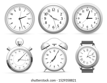 Realistic Clocks. Wall Round Clock, Alarm And Wristwatches. Stopwatch Timer, Time Watch Or Analog Am Pm Chronometer, Clocks Face. Isolated Vector 3D Illustration Icons Set