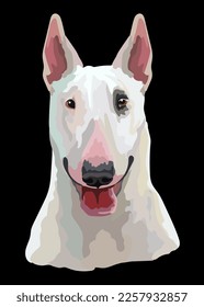 Acercamiento realista del perro Bull Terrier. Ilustración aislada de color vectorial aislada sobre fondo negro. Para decoración, diseño, impresión, carteles, postales, pegatinas, tatuajes, camisetas