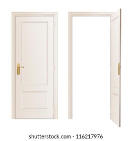 Realistic close and open door on white background. Vector design.