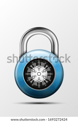 Realistic close round padlock with coronavirus pandemic SARS-Cov-2 icon on bacground. Steel Combination lock Coronavirus disease 2019 (COVID-19) Vector illustration