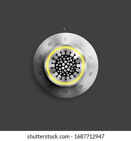 Realistic close round safe lock with coronavirus pandemic SARS-Cov-2 icon on bacground. Steel Combination lock disease COVID-19. Vector illustration