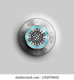 Reloj de seguridad alrededor con el icono del coronavirus pandémico SARS-Cov-2 en el fondo. Enfermedad de bloqueo de la combinación de acero COVID-19. Ilustración del vector