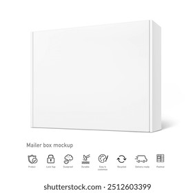 Realistic close white mailing box mockup with set icons. Half side view. Ready for presentation your product. Vector illustration isolated on white background. EPS10.	
