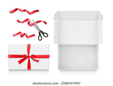 Realistic close white mailing box with red bow mockup. Flat lay view. Ready for presentation your product. Vector illustration isolated on white background. EPS10.	