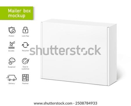 Realistic close white mailing box mockup with set icons. Half side view. Ready for presentation your product. Vector illustration isolated on white background. EPS10.
