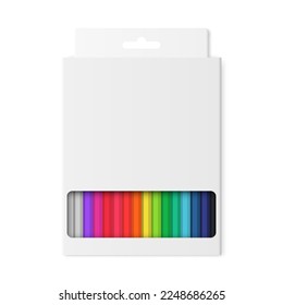 Caja cerrada realista con lápices de colores. Caja de papel con sombra. Lágrimas coloridas de madera en embalaje blanco en blanco. Herramientas de estacionamiento para la escuela. Vista superior. Plantilla de diseño de marca. Ilustración del vector