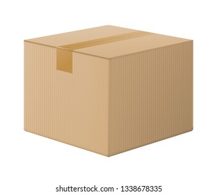 Realistic closed cardboard box, side view isolated on white background. Vector illustration