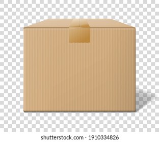 Realistic closed cardboard box, side view with transparent shadow. Vector illustration