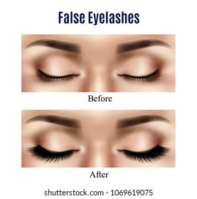 Realistic closed female eyes before and after using black false lashes isolated vector illustration