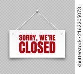 Realistic closed hanging signboard. Vintage door sign for cafe, restaurant, bar or retail store. Announcement banner, information signage for business or service. Vector illustration
