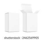 Realistic closed and open cardboard box mockup. Vector illustration isolated on white background. Taking your 2D designs into 3D. Can be use for medicine, food, cosmetic and other. EPS10.
