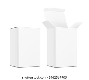 Realistic closed and open cardboard box mockup. Vector illustration isolated on white background. Taking your 2D designs into 3D. Can be use for medicine, food, cosmetic and other. EPS10.