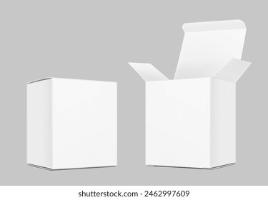 Realistic closed and open cardboard box mockup. Vector illustration isolated on grey background. Taking your 2D designs into 3D. Can be use for medicine, food, cosmetic and other. EPS10.