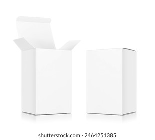 Realistic closed and open cardboard box mockup. Vector illustration isolated on white background. Taking your 2D designs into 3D. Can be use for medicine, food, cosmetic and other. EPS10.