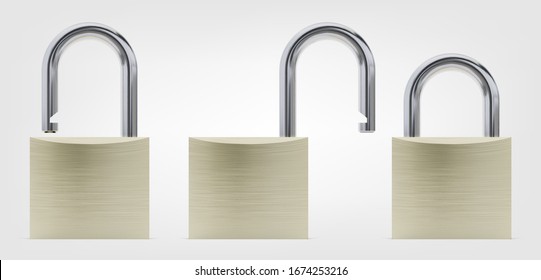 Realistic Closed and Opened Brass Padlock Vector Illustration, Front View