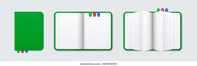 Conjunto de cuaderno verde cerrado y abierto realista aislado sobre fondo gris. Vista superior moleskin. Cuaderno con hojas forradas, páginas volteadas y marcadores de tipo colorido. Ilustración vectorial.