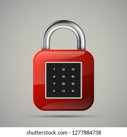 realistic closed padlock. Steel Mechanical Combination lock. Privacy padlock illustration. Enter the PIN code. Electronic lock icon. Reliable Protection close padlock badge. Code combination symbol