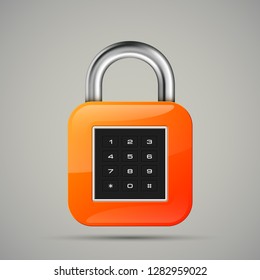 realistic closed padlock. Steel Mechanical Combination lock. Privacy padlock illustration. Enter the PIN code. Electronic lock icon. Reliable Protection close padlock badge. Code combination symbol