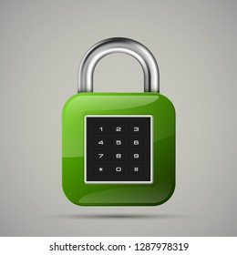 realistic closed padlock. Steel Mechanical Combination lock. Privacy padlock illustration. Enter the PIN code. Electronic lock icon. Reliable Protection close padlock badge. Code combination symbol