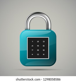 realistic closed padlock. Steel Mechanical Combination lock. Privacy padlock illustration. Enter the PIN code. Electronic lock icon. Reliable Protection close padlock badge. Code combination symbol