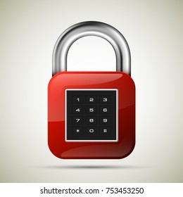 realistic closed padlock. Steel Mechanical Combination lock. Privacy padlock illustration. Enter the PIN code. Electronic lock icon. Reliable Protection close padlock badge. Code combination symbol