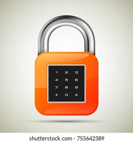 realistic closed padlock. Steel Mechanical Combination lock. Privacy padlock illustration. Enter the PIN code. Electronic lock icon. Reliable Protection close padlock badge. Code combination symbol