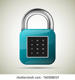 realistic closed padlock. Steel Mechanical Combination lock. Privacy padlock illustration. Enter the PIN code. Electronic lock icon. Reliable Protection close padlock badge. Code combination symbol