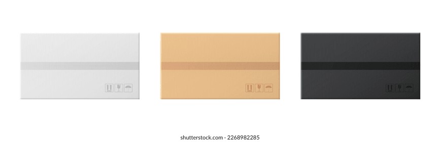 Realistic closed rectangle cardboard box set. Top view. White, brown, black delivery packaging boxes collection. Warehouse goods and cargo transportation. 3d vector illustration