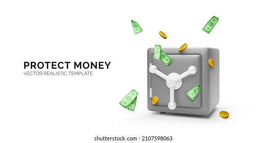 Caja real de acero cerrado con monedas de oro en caída y moneda de papel. Estilo de caricatura del concepto bancario o servicio de transacciones confiable. Ilustración del vector aislada en fondo blanco