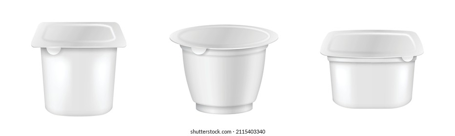 Realistic closed white cup tub food plastic container for dessert, yogurt, ice cream, sour cream or snack. Template mockup design. Product packing set. 3d vector illustration