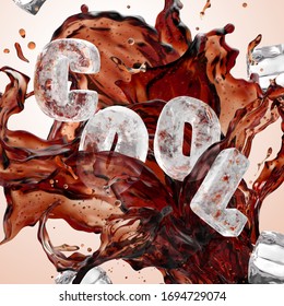 Realistic closeup of dynamic cola splash with ice blocks and frozen word COOL popping around, 3d illustration