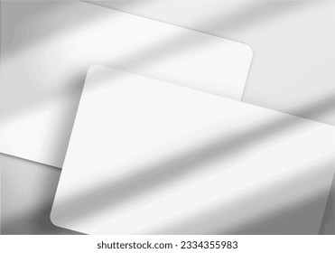 Realistic closeup elegant and minimalist white blank business card mockup. 3D vector illustration. Windows shadow and leaves overlay on isolated background.